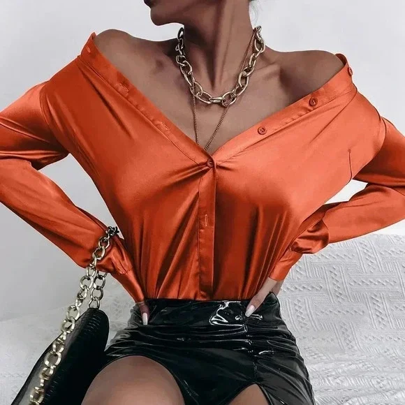 Orange Elegant Women's Satin Button down Shirt - Picture 6 of 6